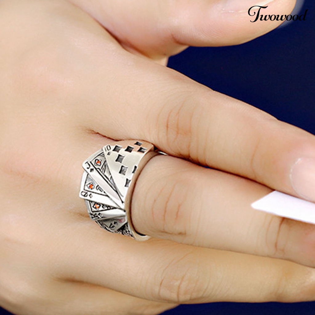 Cincin Model Terbuka Adjustable Desain Kartu Poker Lapis Silver Gaya Punk Untuk Pria