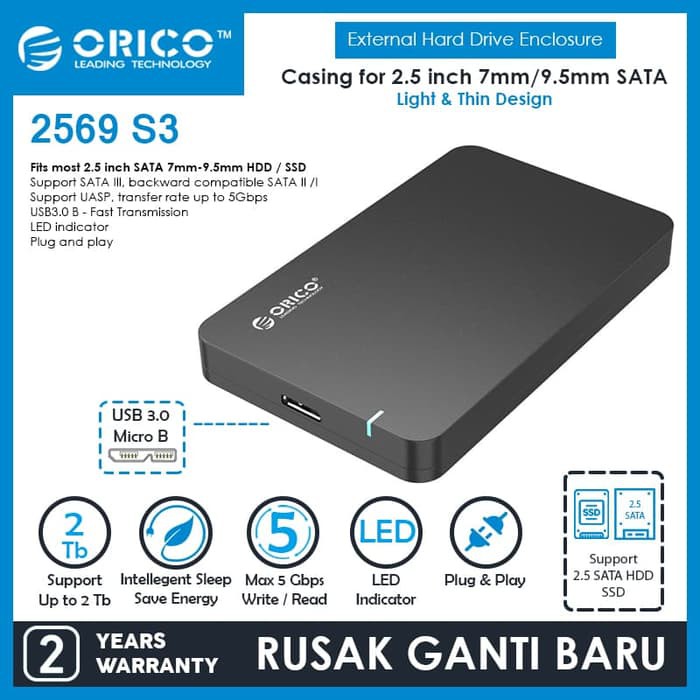 ORICO 2569S3 Portable 2.5 inch SATAIII to USB3.0 HDD Enclosure BLACK pb