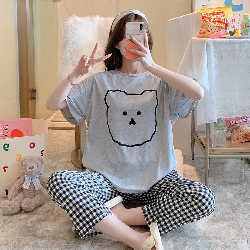 Setelan Piyama Lengan Pendek Baju Tidur Wanita Set Baju Tidur Wanita Dewasa Set Piyama Oversize-grey plain bear