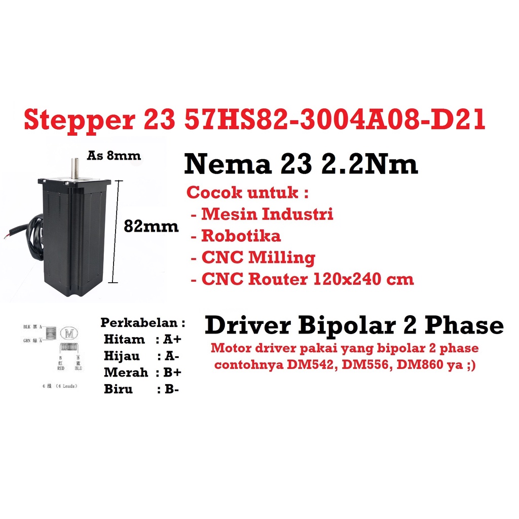 [HAEBOT] Motor Stepper Nema 23 57HS82 2.2Nm 82mm 3A 315OZ CNC Robot Laser Router Plasma Milling High Torque Mesin Induksi Slider Mekanik Bipolar 2 Phase Fasa Coil Dinamo Penggerak