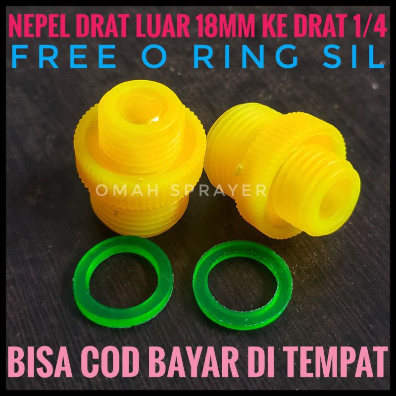 Nepel Drat Luar 18mm ke Drat 1/4 Free O Ring Sil