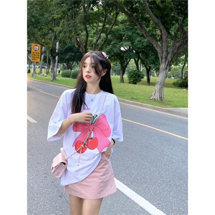 EUNII T-shirt Lengan Pendek Ceri Dasi Kupu-Kupu Pencetakan Longgar Korean Style/Kaos Atasan Wanita/Baju Kaus Oversize Wanita