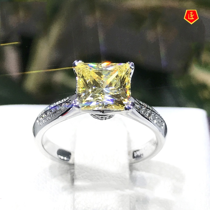 [Ready Stock]Moissanite Square Diamond Ring Pt950 Yellow Diamond Luxury