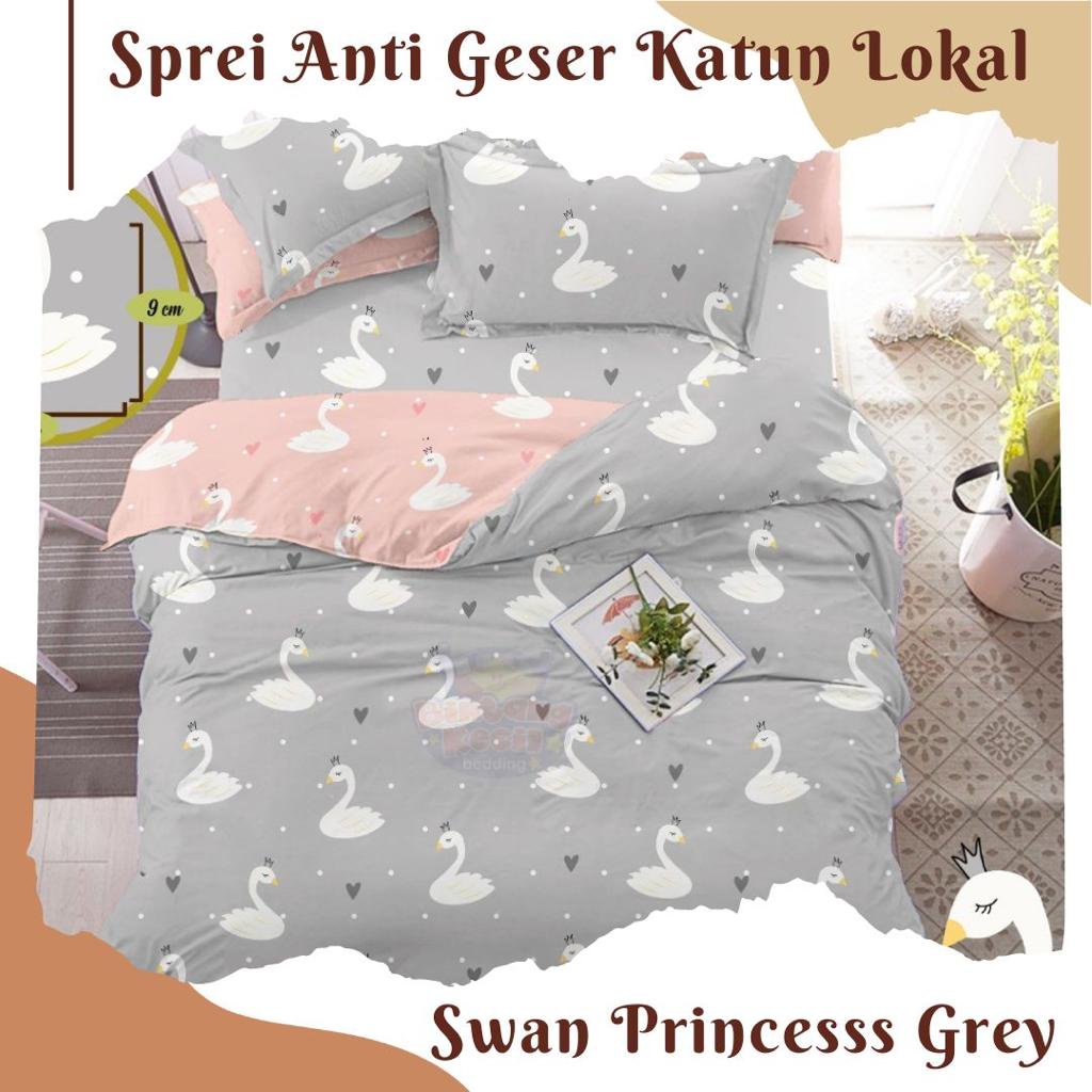 Sprei MOTIF SWAN PRINCESS GREY & PINK | SPREI ANTI GESER PREMIUM | SPREI HOMEMADE | SPREI AESTHETIC 