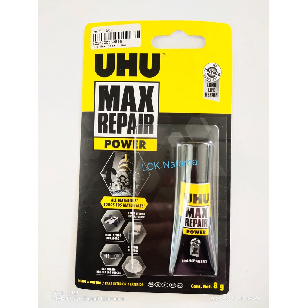 

UHU Max Repair Power 8g lem perekat tahan air tahan sinar UV bisa isi celah warna bening transparant Glue transparan utk semua media lem tahan cuaca