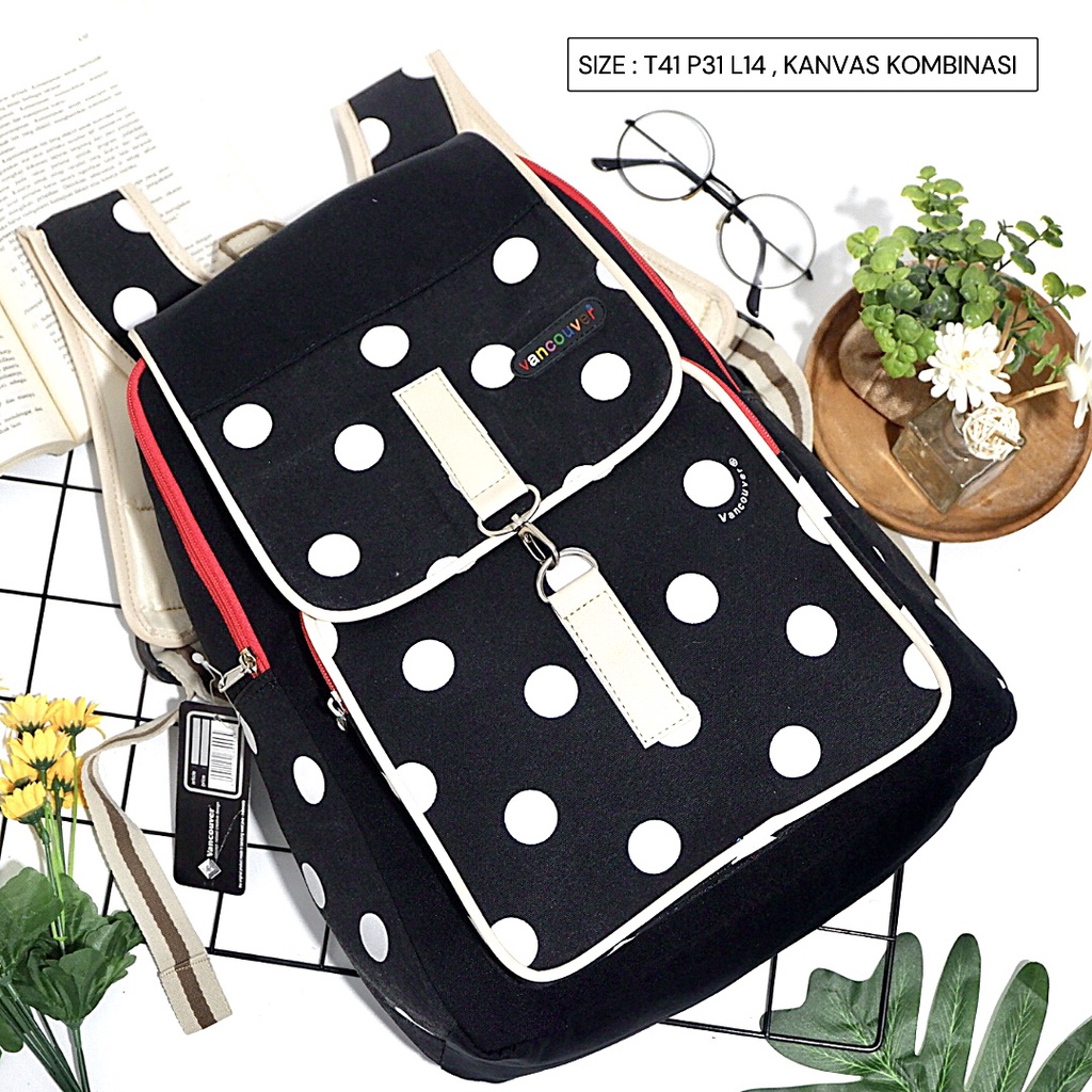 (COD) Free Ongkir 12 12 Tas Backack Ransel kantong polkadot Bahan kanvas Buat Cewek Murah Meriah