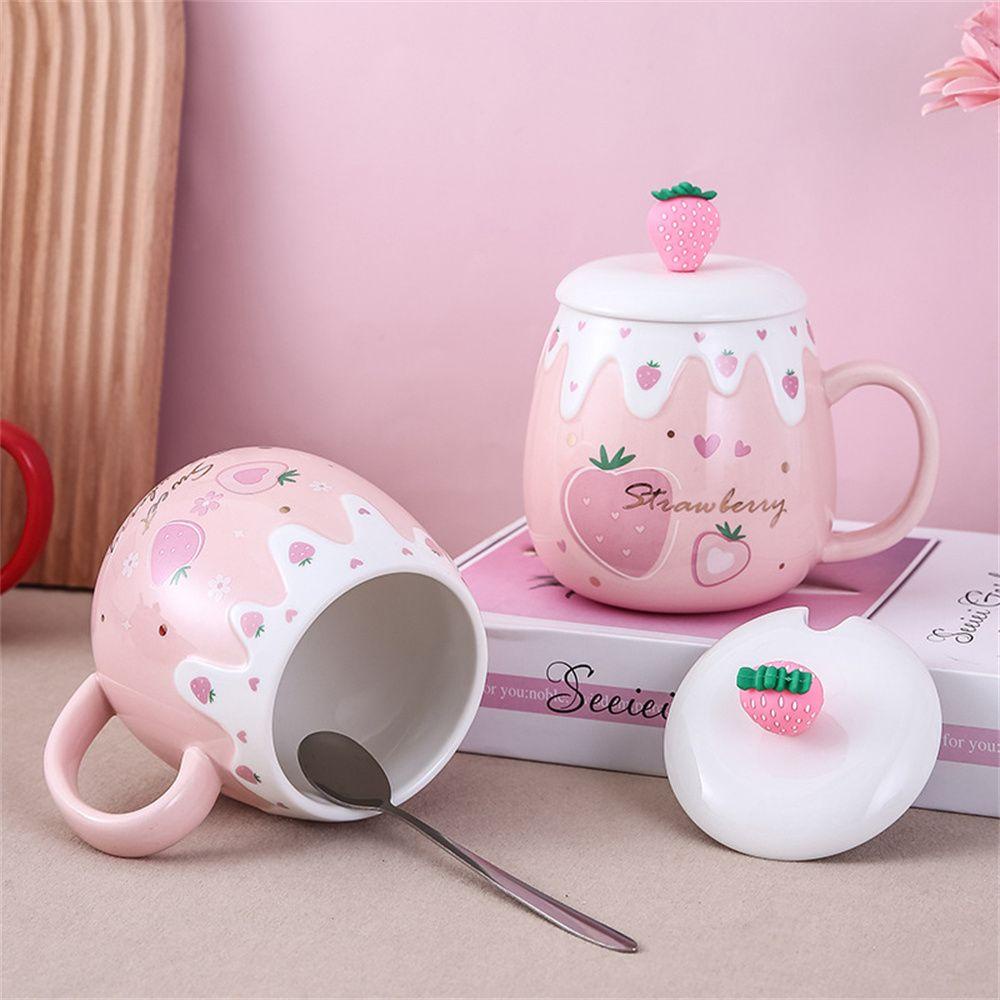 Solighter Strawberry Coffee Mug Sendok Porcelain Tempat Minum Keramik Lucu