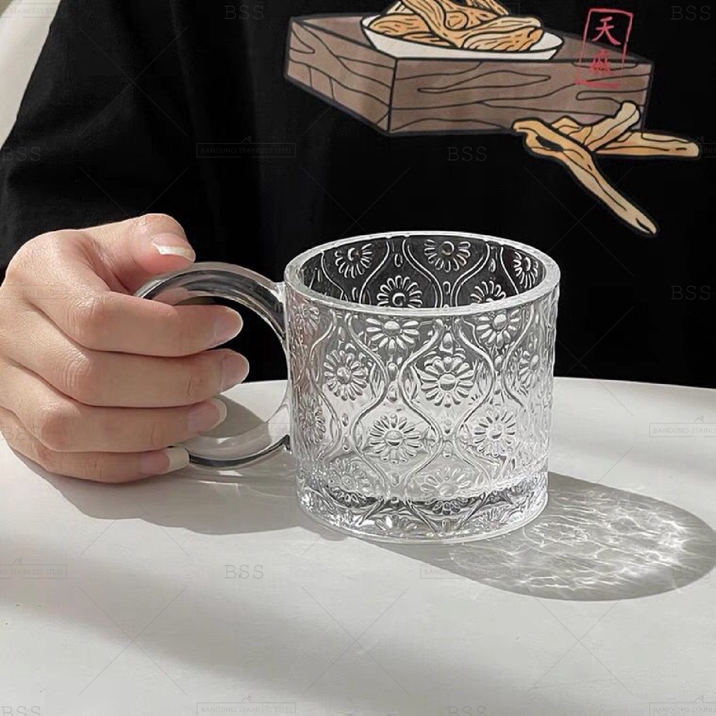 Aesthetic Glass Cup Cangkir Teh Mug Susu Gelas Kaca Transparan Minimalis Motif Bunga Garis