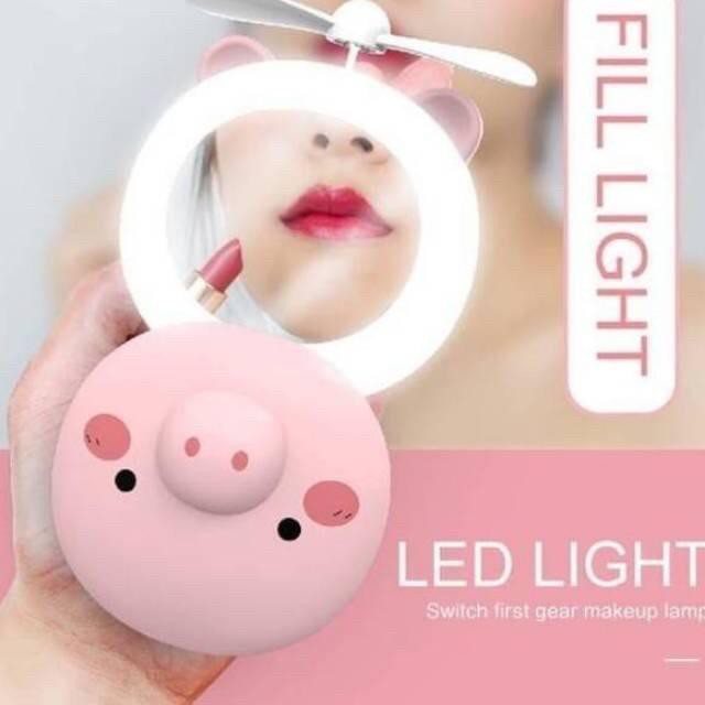 MurmerOfficial R191  Kipas Cermin Makeup LED 3in1 Karakter Mini Fan Led Mirror USB Charger Cermin Make Up Portable