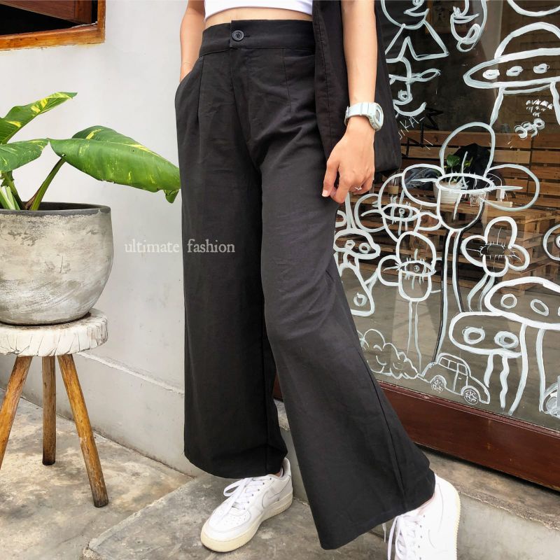 Celana Kulot Loose Pants Linen Kancing Cullote Highwaist HW Wanita Import Premium Model Korea Kekinian Real Pict 229 Angel