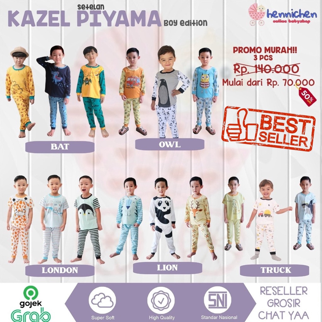 JUAL MURAH AJA BANYAK MOTIF PROMO 8.8 ISI 3 PASANG PROMO SUPER MURAH KAZEL BAT / TRUCK / LION SETELAN PIYAMA BOY LONDON PAKAIAN ANAK PIYAMA ANAK