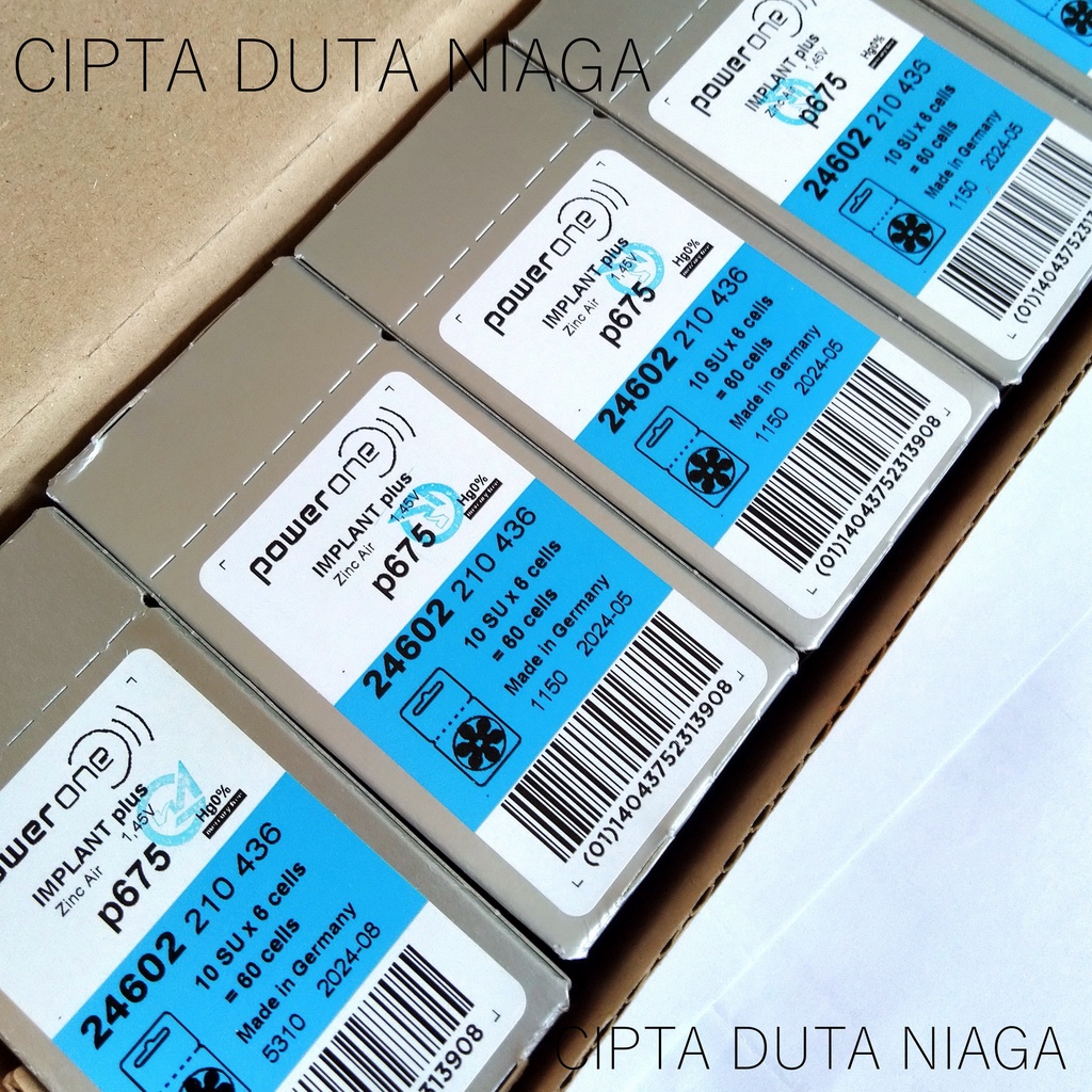 Baterai Implant Powerone p 675 Power One p 675 made in germany for implants and high power Hearing Aid batteries size 675 baterai alat bantu dengar implant batteries as ideal for use in cochlear implants Batre Alat Pendengar powerone baterai ABD