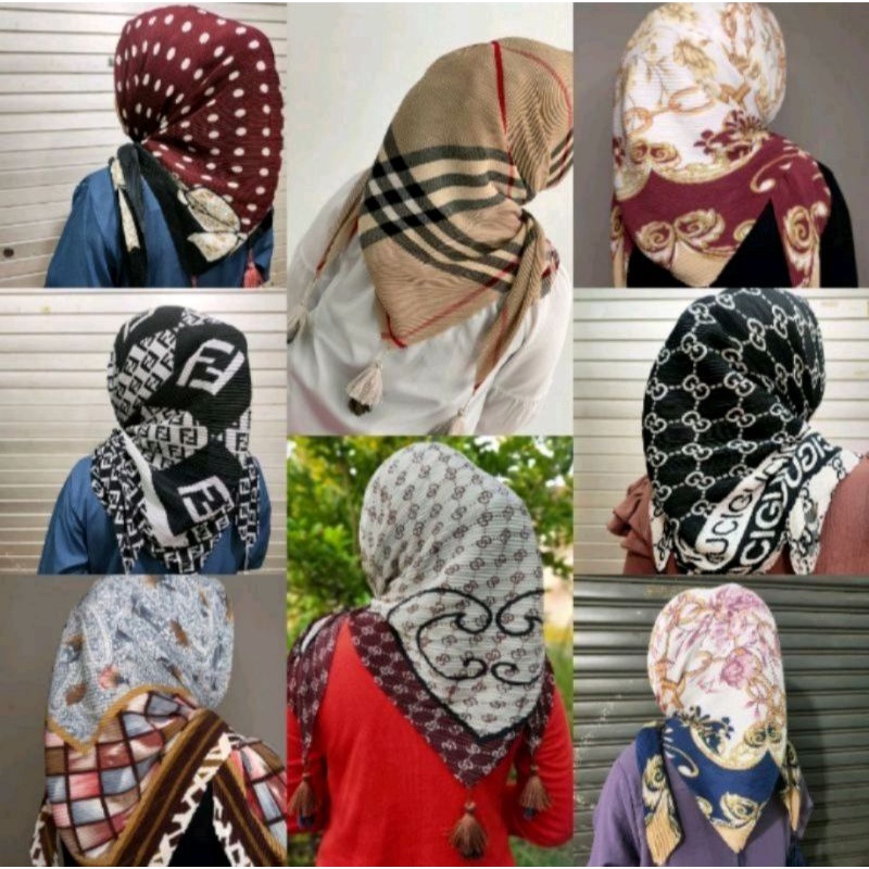 Segiempat plisket motif brand tasel jambul bandul / kerudung segiempat plisket motif jambul / jilbab