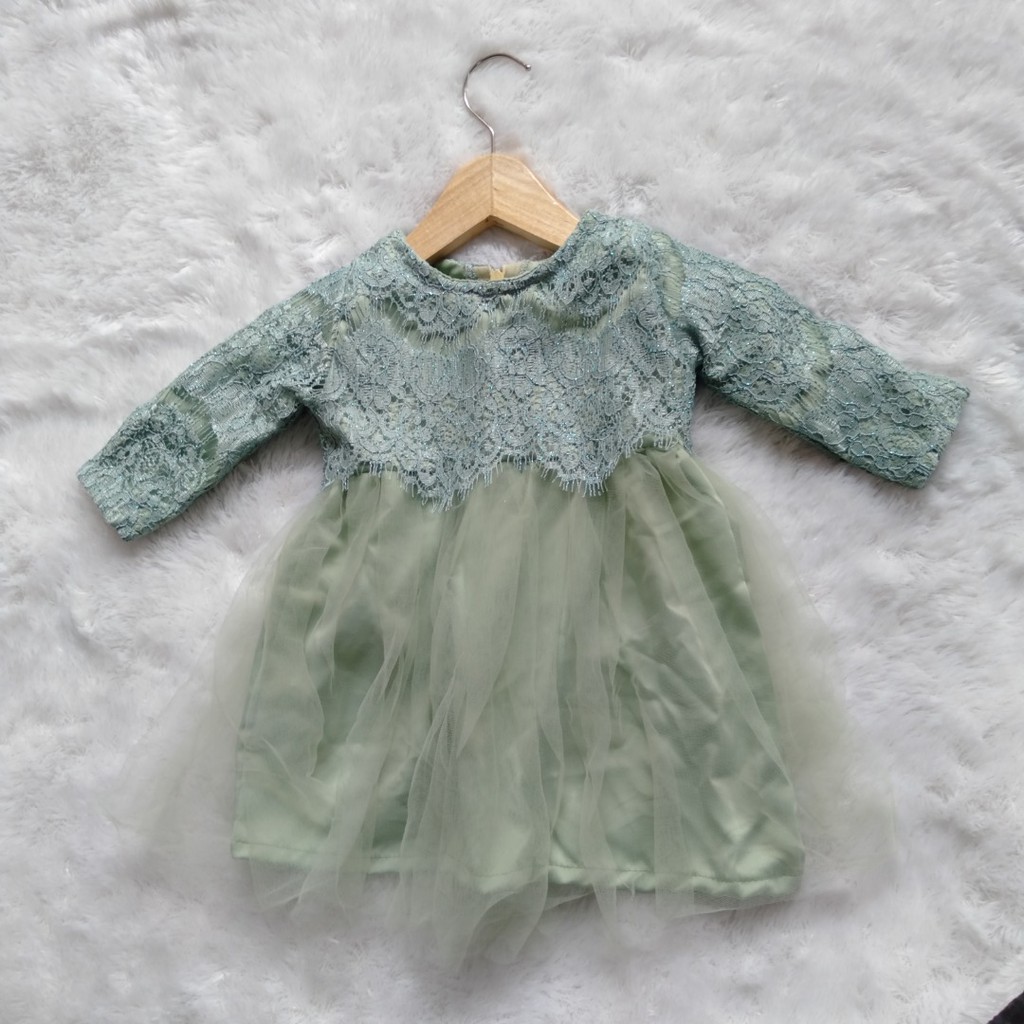 gaun panjang brokat bayi 0-6 bulan hijau mint