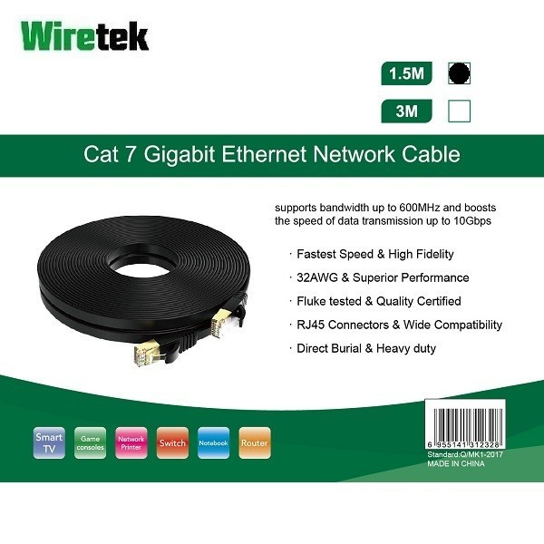 Wiretek Kabel LAN Cat 7 Gigabit Ethernet Network FLAT Cable 1.5 meter