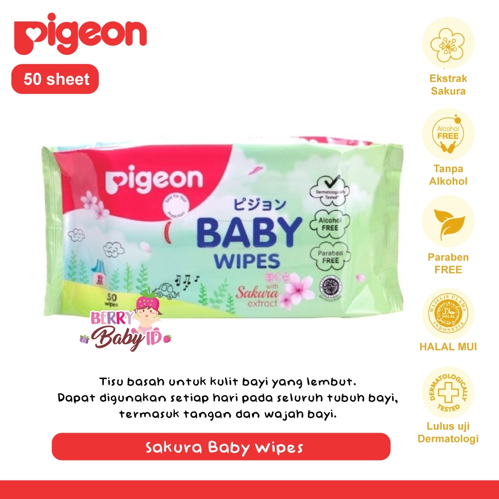 Pigeon Baby Wipes Sakura Extract Tisu Basah Bayi Alcohol Free 50 Sheet Berry Mart