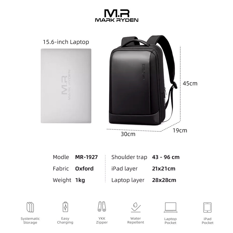 MR1927 Tas Mark Ryden Ransel Pria Cowok Laptop Bag 15.6 USB