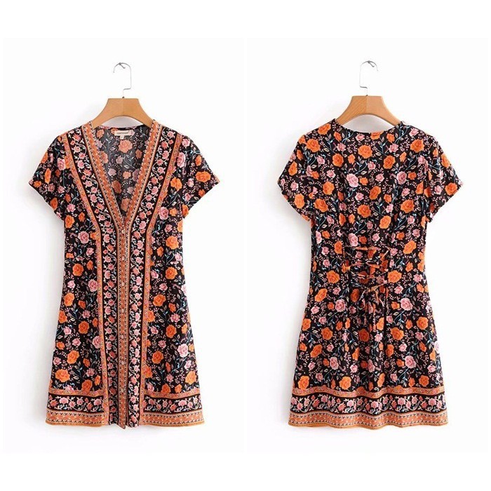 [baju wanita korea]  Flower Mini Dress Pantai Vintage Bunga Wanita Korea Import