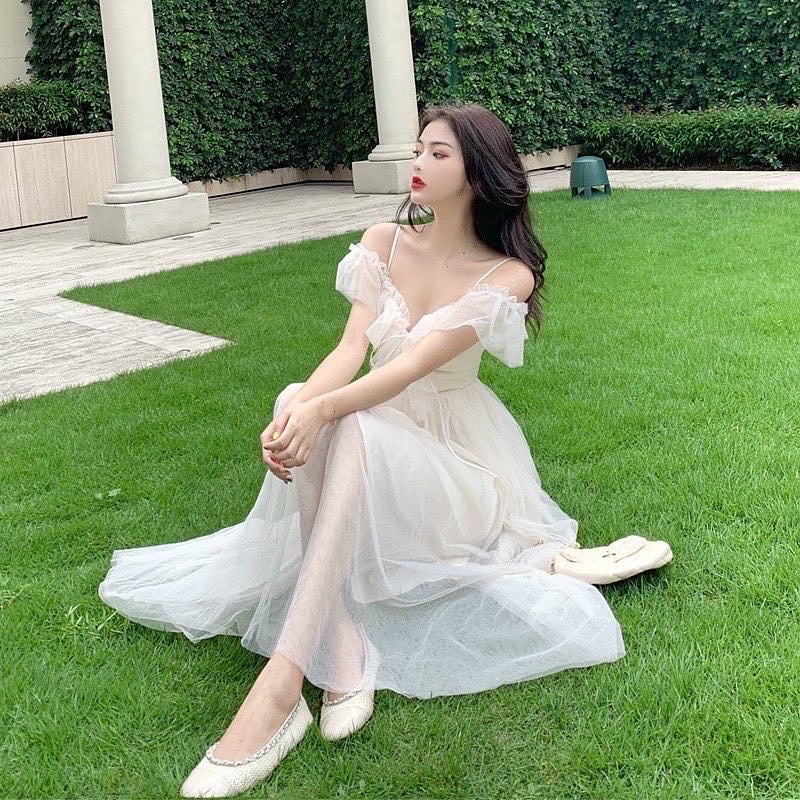 Sunmi organza dress pesta korean white sabrina beach summer party dress wanita kondangan