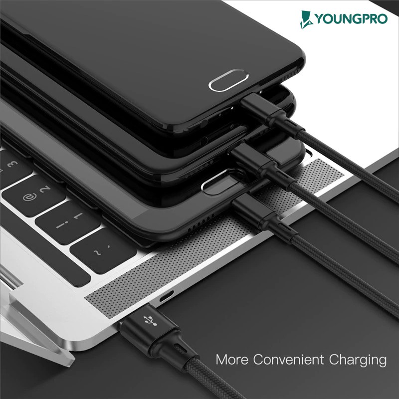 YOUNGPRO Kabel Data CTO120 Lightning 3 in 1 Fast Charger iOS + Micro USB + Type C ORIGINAL