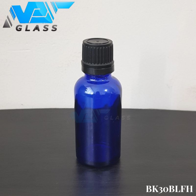 botol kaca 30ml tebal biru tutup filler hitam