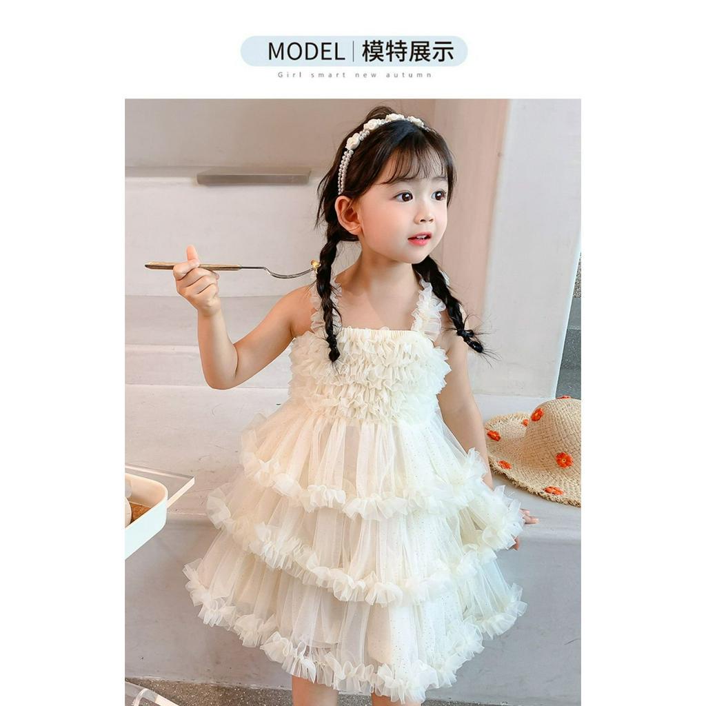 Dress Anak Perempuan Korean Style Tanpa Lengan Triple Layer Rumbai Pink