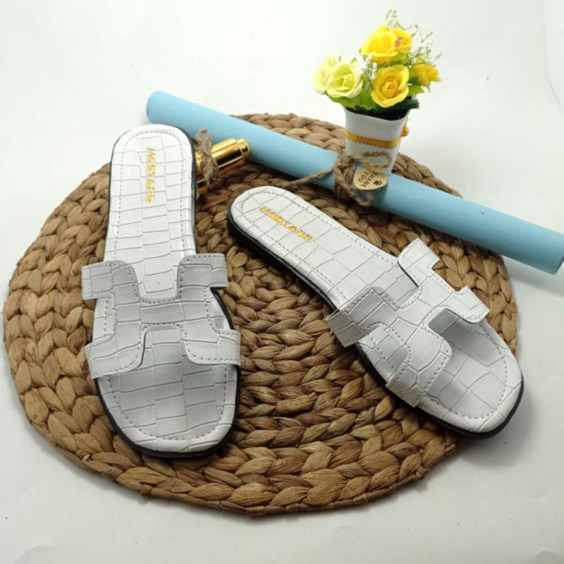 mqstars- Sandal Flat Wanita Croco Terbaru/Sendal Selop Teplek Slip on