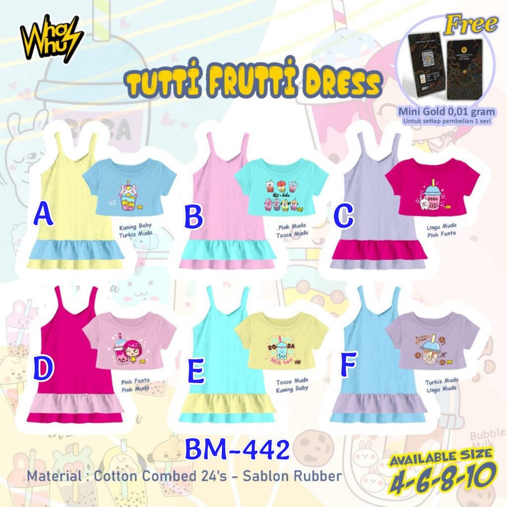 DRESS ANAK MOTIF BOBA TUTTI FRUTTI 4-10 TAHUN