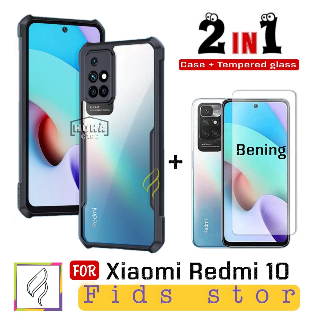 PROMO 2in1 CASE XIAOMI Redmi 10 Case ShockProof Transparan Free Tempered Glass List Hitam &amp; Bening