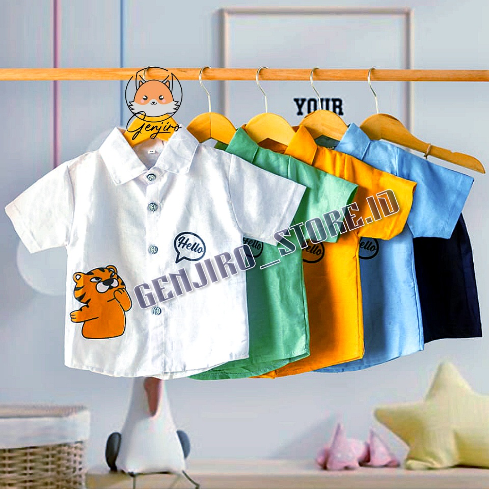 SETELAN ANAK LAKI LAKI/KEMEJA SANGHAI/LENGAN PENDEK /CELANA PENDEK/BAHAN KATUN LINEN RAMY/MOTIF BOLA UNTUK USIA 3 BULAN - 4 TAHUN/COD