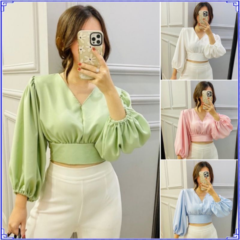 Inemstore - Crop Top Posh Polos V Neck Korea Style | Baju Atasan Blouse Wanita Crop Top Lengan Balon