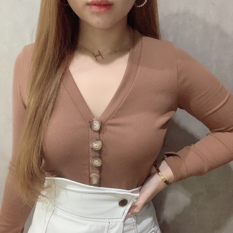 Button Vneck Long Sleeve Blouse | Atasan Lengan Panjang Korean Fashion | Maimon Grosir