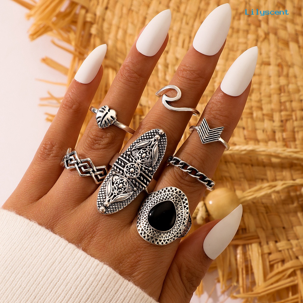 7pcs / Set Cincin Jari Wanita Gaya Bohemian Bentuk Geometri Hias Batu Permata Imitasi Untuk Pesta