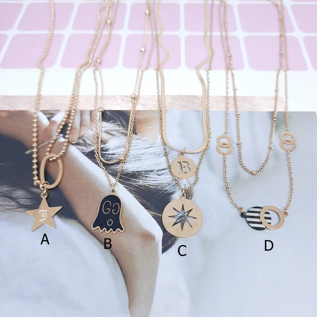 Kalung Kpop Titanium Korea 2 Layer Import Rantai Biji Lada Cassandra Belut Rosegold - BN423