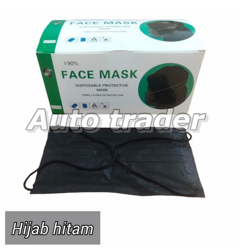 Masker 3ply Headloop Hitam 3 ply masker Hijab medis bedah Hijab Black ready stok