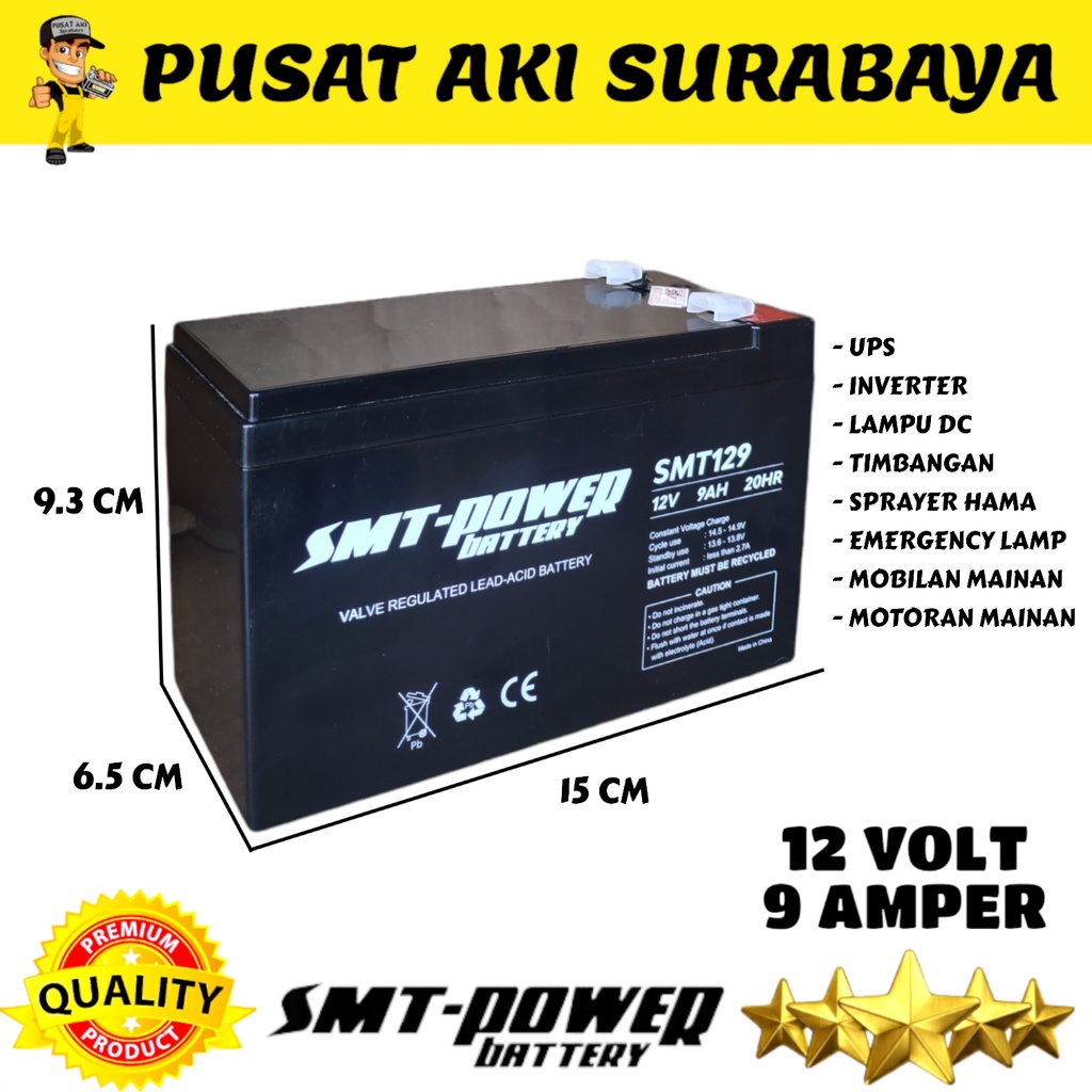 SMT POWER BATTERY 12 VOLT 9 AMPER BATERAI MOTOR MAINAN ANAK MOBIL MOBILAN AKI CHARGER ADAPTOR RC RIDE ON CAR PLIKO PMB UNIKID SCOOPY MICKEY VESPA ANAK