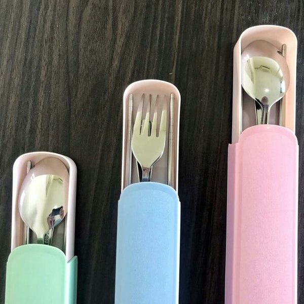 Sendok set Travel 3Pcs Stainless Steel Set Alat Makan Sendok Garpu Sumpit / Spoon Fork Chopsticks LUCU warna warni murah berkualitas