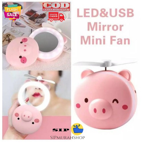 (COD) CERMIN KACA RIAS MAKE UP LED Karakter+Fan Portable 3 In 1 Portable / CERMIN with RING LIGHT LED and Fan KACA RIAS MAKEUP PLUS KIPAS / Mirror Pocke