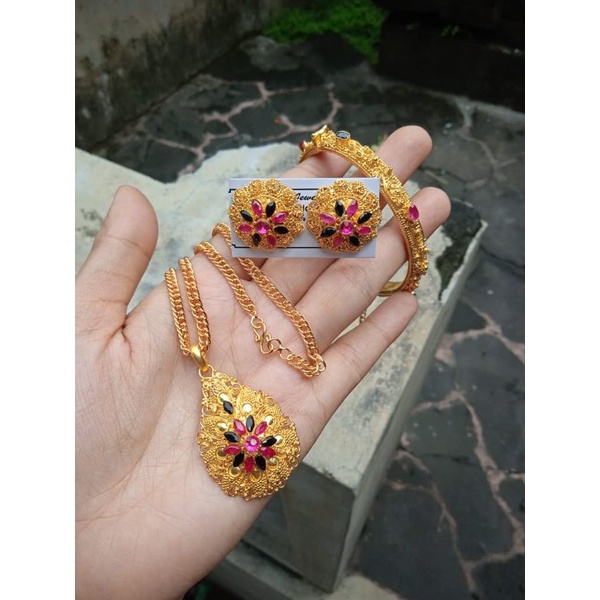 set gelang kalung anting tembaga lapis emas asli