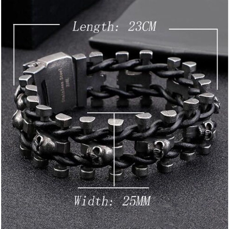 Gelang Rantai Bahan Kulit Stainless Steel Warna Hitam Gaya Punk Rock Hip Hop Untuk Pria