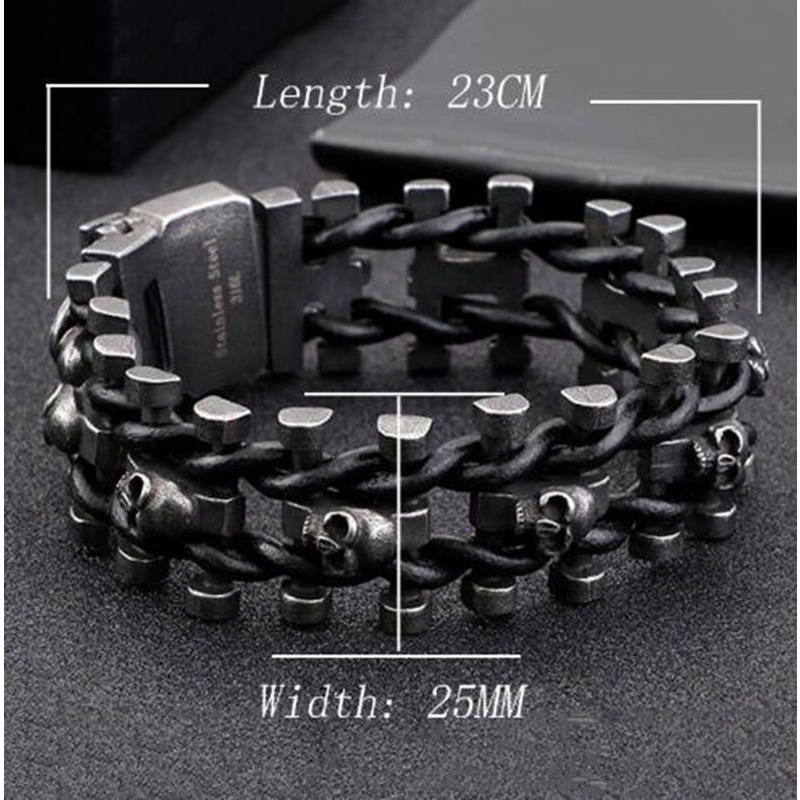 Gelang Rantai Bahan Kulit Stainless Steel Warna Hitam Gaya Punk Rock Hip Hop Untuk Pria