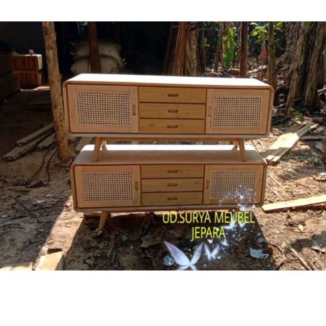 Meja tv rak tv cabinet konsol tv lemari almari kayu jati anyaman rotan mentahan