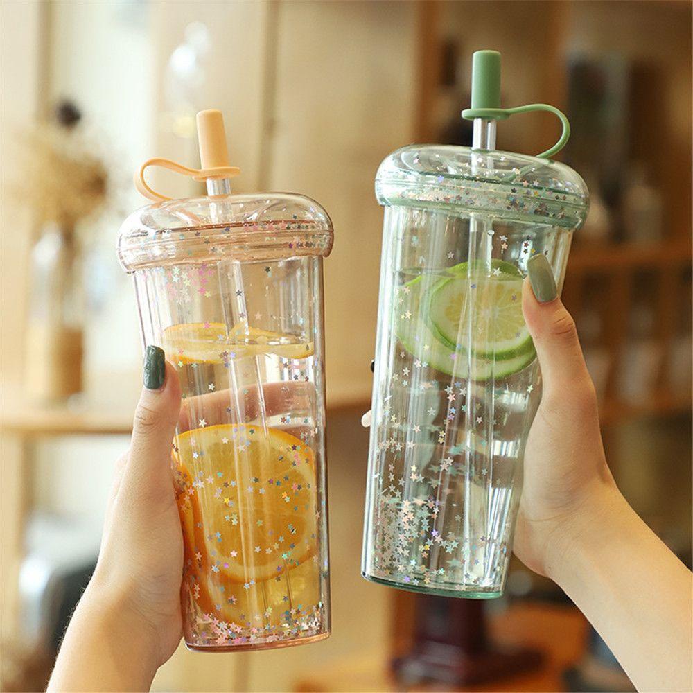 Solighter Botol Air Minum Sedotan Outdoor Glitter Double Layer