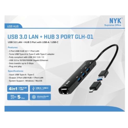 Usb 3.0 hub nyk 3 port 5Gbps with rj45 lan gigabit otg type-c adapter glh-01 glh01