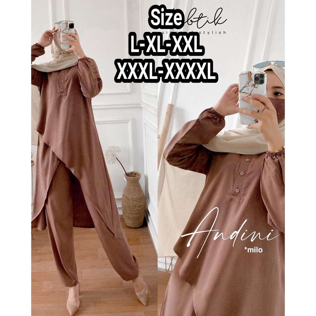 Gamis Terbaru 2023 Lebaran Wanita Andini Set 2 in 1 Longtunik Busui Friendly dan Wudhu Friendy + Celana  Bahan Ity Crepe IMPORT