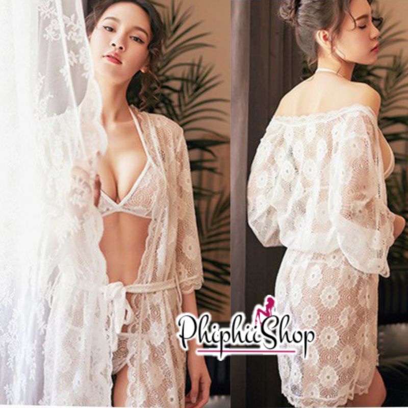 PREMIUM Sexy Lingerie Big Size XL Set Bikini Kimono + Bra + Panty Renda Bunga Hitam Merah Putih