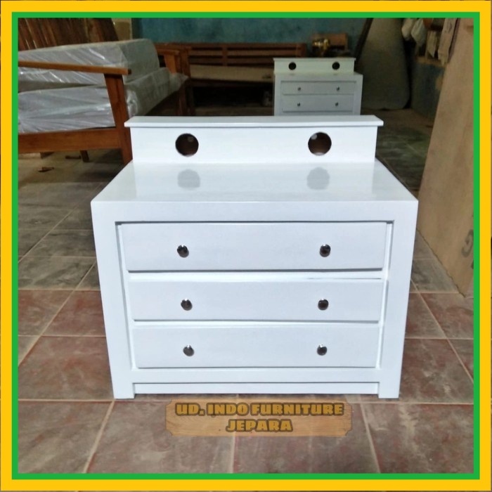 nakas hias bedside table laci 3 drawer kayu jati warna putih duco