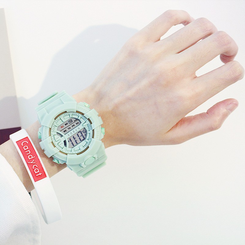 Jam Tangan Wanita Kalender Pasangan Elektronik Luminous Waterproof Digital Fashion Jelly LED Watch-Green-Watch only