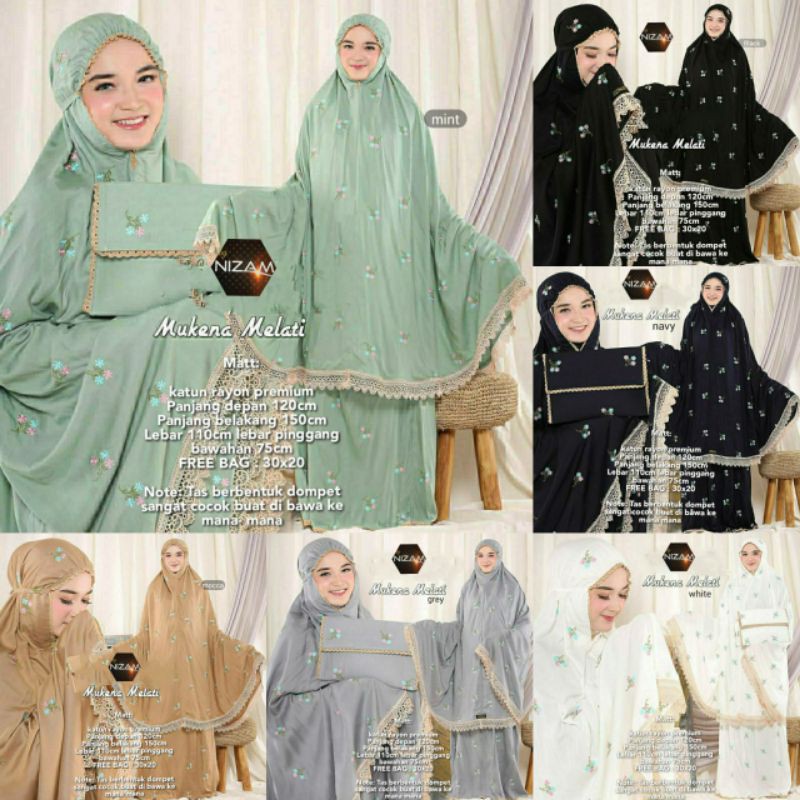 MUKENA MELATI BY NIZAM MUKENA WANITA MURAH BAHAN KATUN RAYON PREMIUM MOTIF BUNGA FREE TAS VARIASI
