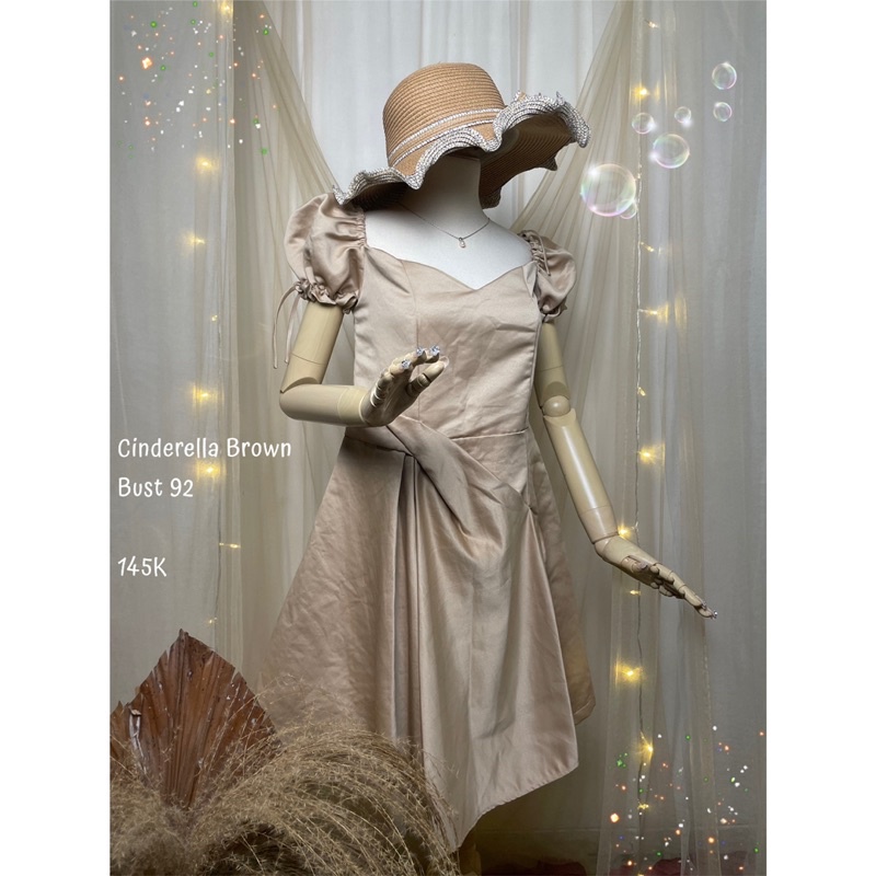 Dress gaun pendek mini pesta bikin designer lengan puffy cinderella coklat nude brown sabrina lucu p